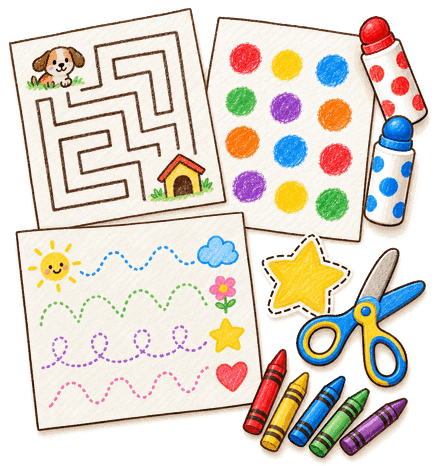 Activity pages on a table: a maze, dot-marker circles, tracing lines, scissors with a paper star, and crayons