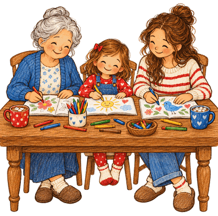 A grandmother, a mother and a little girl coloring together at a kitchen table