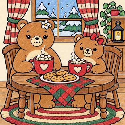 Colored example of a page from The Hazelnook Bears' Cozy Christmas Coloring Book