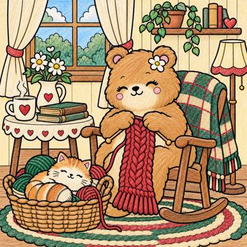 Colored example of a page from The Hazelnook Bears' Cozy Christmas Coloring Book