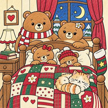 Colored example of a page from The Hazelnook Bears' Cozy Christmas Coloring Book